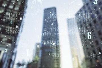 Abstract virtual coding concept and world map hologram on office buildings background. Multiexposure