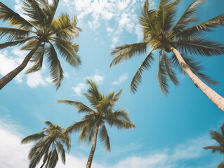 Palm Trees under the Azure Sky: Upward View of Sunlit Blue Sky and White Clouds