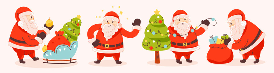 Happy Santa Claus with gifts, a Christmas tree and the magic of Christmas. A set of vector cartoon Santa Claus icons.