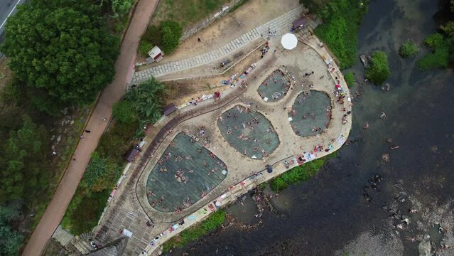 Ourense. Natural Roman Baths With Hot Steam And Thermal Water. Galicia, Spain 4K Aerial Skyline Drone View. 26 august 2023