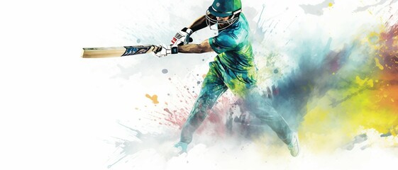 Illustration of a cricket player with colorful watercolor splash, isolated on white background . - obrazy, fototapety, plakaty