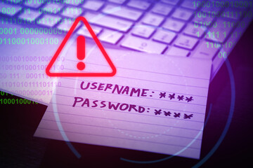 Username and password hacking alert; Password crack from hacker; Cyber security management - obrazy, fototapety, plakaty