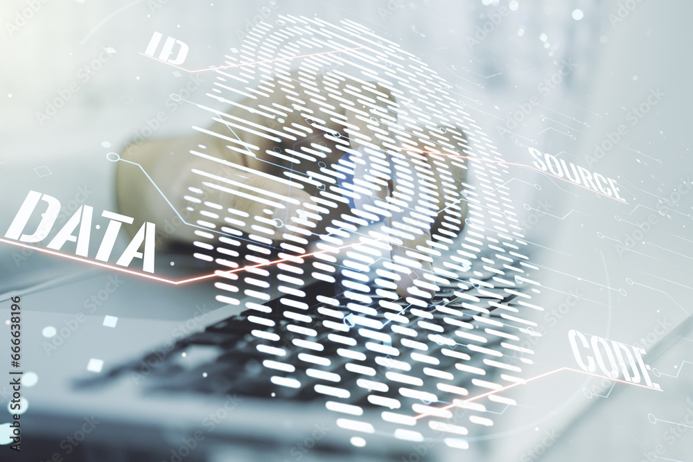 Poster double exposure of abstract creative fingerprint hologram with hands typing on laptop on background,