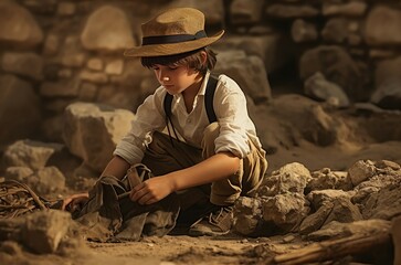 Intelligent Archaeologist child boy. Historic old stone. Generate Ai