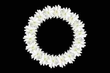 beautiful fresh jasmine  white flower texture as round frame in black background,in india known as...