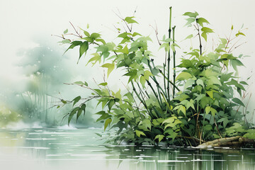 An aquarela bright green over white painted background with a conceptual bamboo tree growing on the right of the image. AI generative