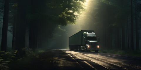A truck on the long road with a dark forest summer in morning.
