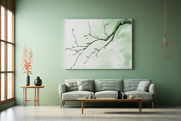 An aquarela bright green over white painted background with a conceptual bamboo tree growing on the right of the image. AI generative