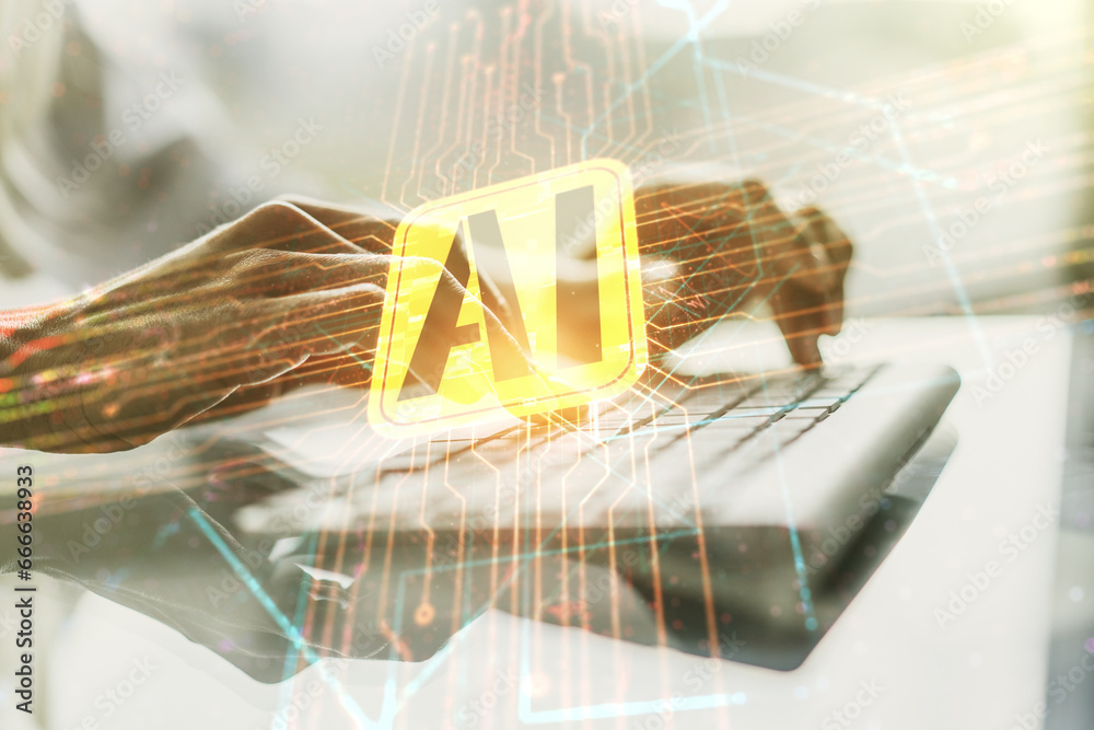 Poster Double exposure of creative artificial Intelligence icon with hands typing on laptop on background. Neural networks and machine learning concept