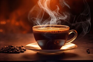 Vibrant, freshly brewed cup of coffee, with steam gently rising and dissipating into the air - obrazy, fototapety, plakaty