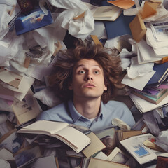 person surrounded by a pile of things that need to be done, with a sense of overwhelmed exhaustion on their face - obrazy, fototapety, plakaty