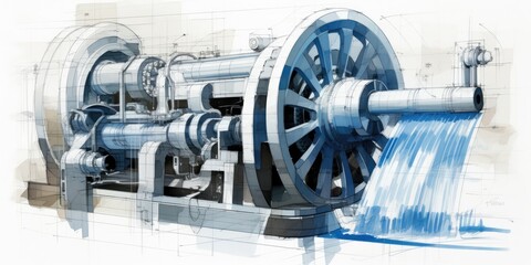 a mechanical drawing of a turbine,  in a horizontal format in a Mechanical-themed, photorealistic illustration in JPG. Generative ai