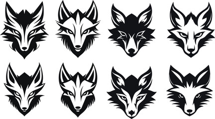Set of Fox Head Logo - Isolated on White Background in Black and White - Vector Illustration