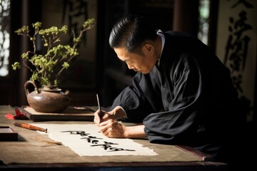 Fototapeta na wymiar Asian man painting calligraphy on delicate paper.
