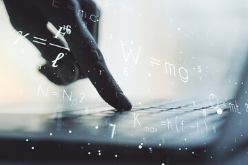 Creative scientific formula concept with hands typing on laptop on background. Multiexposure