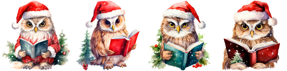 Owl reading a book on a white background, christmas or new year concept