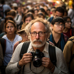 photographer with a camera among a crowd of people on the street