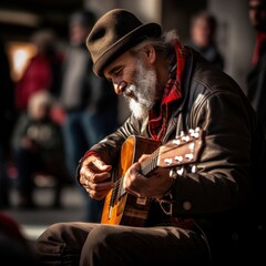 musician plays guitar on the street among a crowd of people