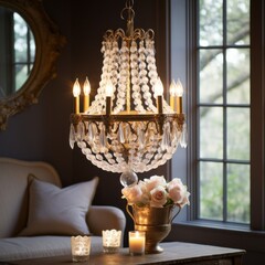 The chandelier hangs gracefully from the ceiling, adding a touch of elegance to any room