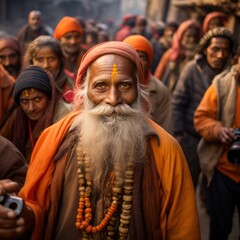 Fototapeta premium man surrounded by a crowd of people in yellow and orange