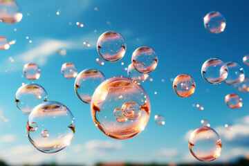 Big bubbles, blurred clear sky and cloud. AI generative