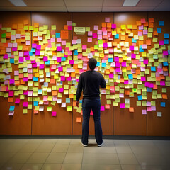 individual standing in front of a large bulletin board that is full of post-it notes. tasks they need to complete - obrazy, fototapety, plakaty