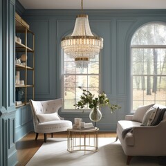 The chandelier hangs gracefully from the ceiling, adding a touch of elegance to any room