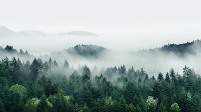 Fototapeta A panoramic view of a dense forest with a white fog covering the treetops