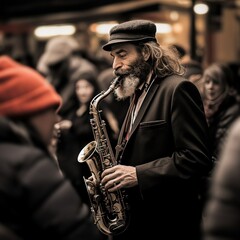 Fototapeta premium musician plays the saxophone on the street among a crowd of people