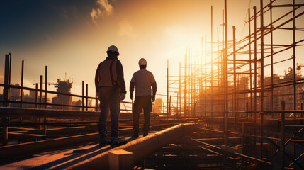 Fototapeta premium From Blueprint to Real Estate: Helmeted Professionals and Industrial Machinery Backdrop