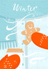 Winter vector illustration of hands in mittens holding coffee cup and gingerbread man cookie. Cute cozy Christmas card or poster
