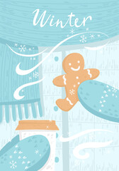 Winter vector illustration of hands in mittens holding coffee cup and gingerbread man cookie. Cute cozy Christmas card or poster	
