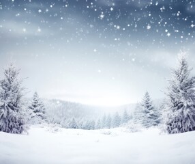 Fototapeta na wymiar Magical Winter Wonderland: Snowy Landscape with Trees, Snowflakes & Sky Background
