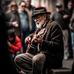 Fototapeta na wymiar musician plays guitar on the street among a crowd of people