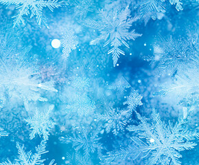 Snowflakes and frost crystals. Seamless Winter texture background.