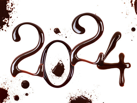 Date of the New Year 2024 made of chocolate with blots, isolated on white background