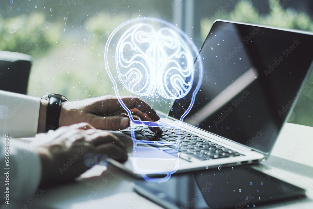 Aufkleber creative light bulb with human brain hologram and with hands typing on computer keyboard on backgrou