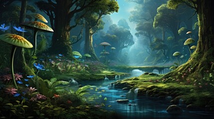 Mystical forest, waterfall backdrop, colorful flowers foreground. Magical environment.