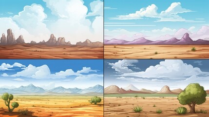 Collage vibrant desert scene, green cactus, distant blue mountains, overhead fluffy clouds. Desert flora and diverse terrains. - obrazy, fototapety, plakaty