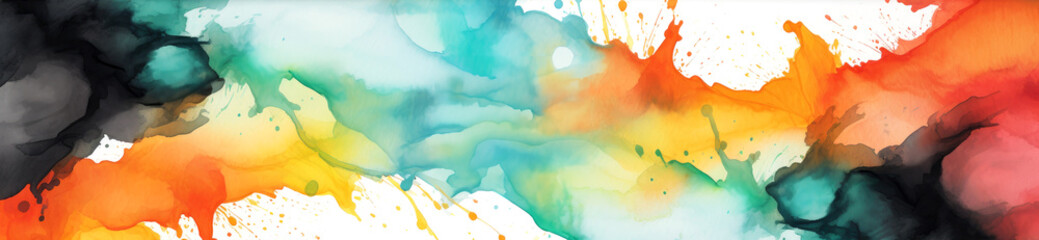 Multicolored watercolor gradient stains background texture banner, wide panoramic header