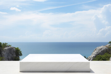 Fototapeta na wymiar Empty white square marble podium with a view of the sea