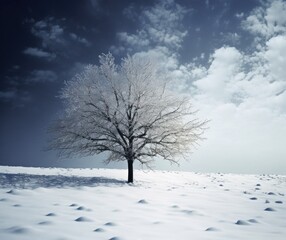 Solitary Tree in Snowy Field with Cloudy Sky - Winter Nature Background
