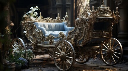 A regal blue and gold carriage, adorned with delicate flowers, glides gracefully across the lush outdoor grounds, its wheels spinning in perfect harmony as it is drawn towards its next destination