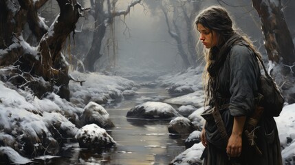 A brave adventurer braves the freezing winter as she stands amidst the snowy forest, her jacket a shield against the biting wind, gazing upon the wild river that flows beneath her feet - obrazy, fototapety, plakaty
