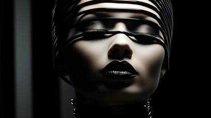 Her lips, coated in the darkness of black lipstick, were frozen in a statue-like portrait, a bold and daring statement of defiance and mystery upon her face