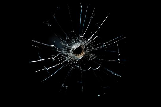 Bullet hole in a glass with cracks isolated on a black background. Generative Ai