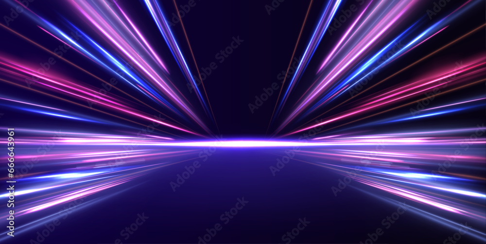 Poster Acceleration speed motion on night road. Laser beams luminous abstract sparkling isolated on a transparent background. Light and stripes moving fast over dark background. 