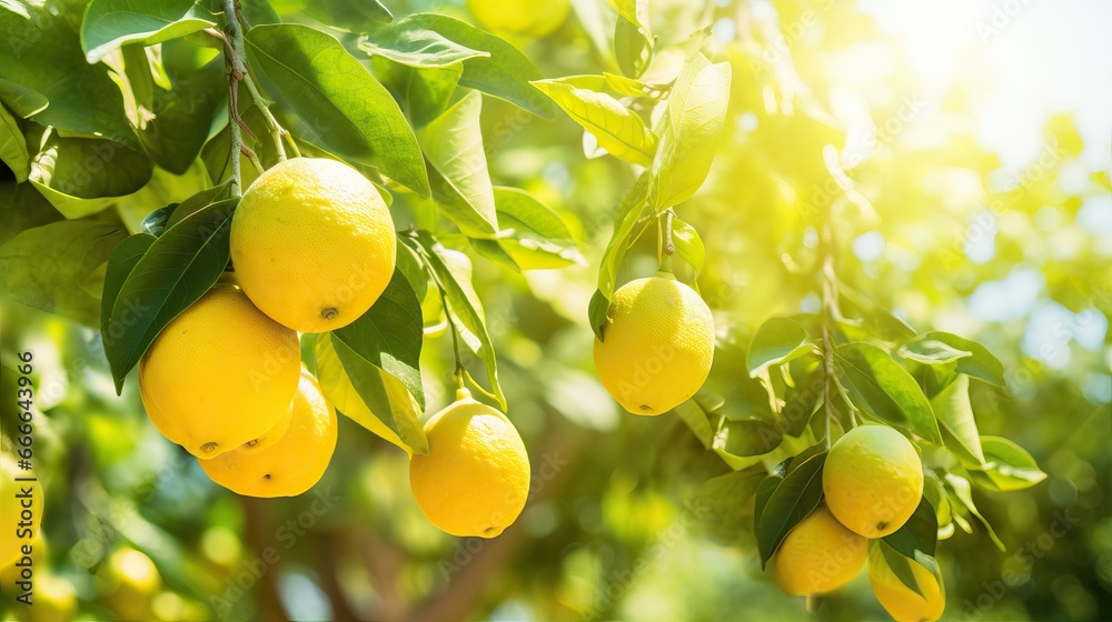 Sticker Ripe yellow lemons on lemon tree