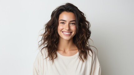 Portrait of a cheerful young woman wearing white shirt standing isolated over yellow background, looking at camera, posing - obrazy, fototapety, plakaty