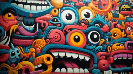 Vibrant strokes of graffiti dance with whimsical cartoon characters in this dynamic painting, creating a wild and captivating masterpiece - obrazy, fototapety, plakaty